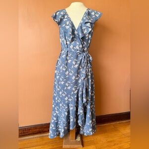 Max Studio Ruffle Sleeve Boho Blue Floral Pattern Midi Wrap Dress Medium M